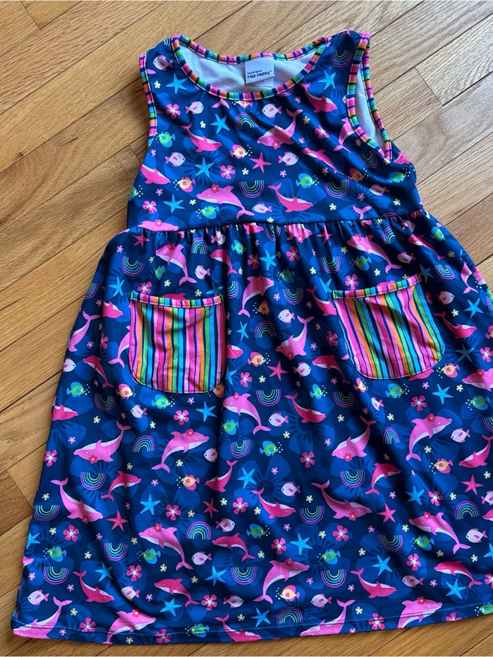 Flap Happy Navy Tank Dress with Pink Dolphins & Rainbow Trim
